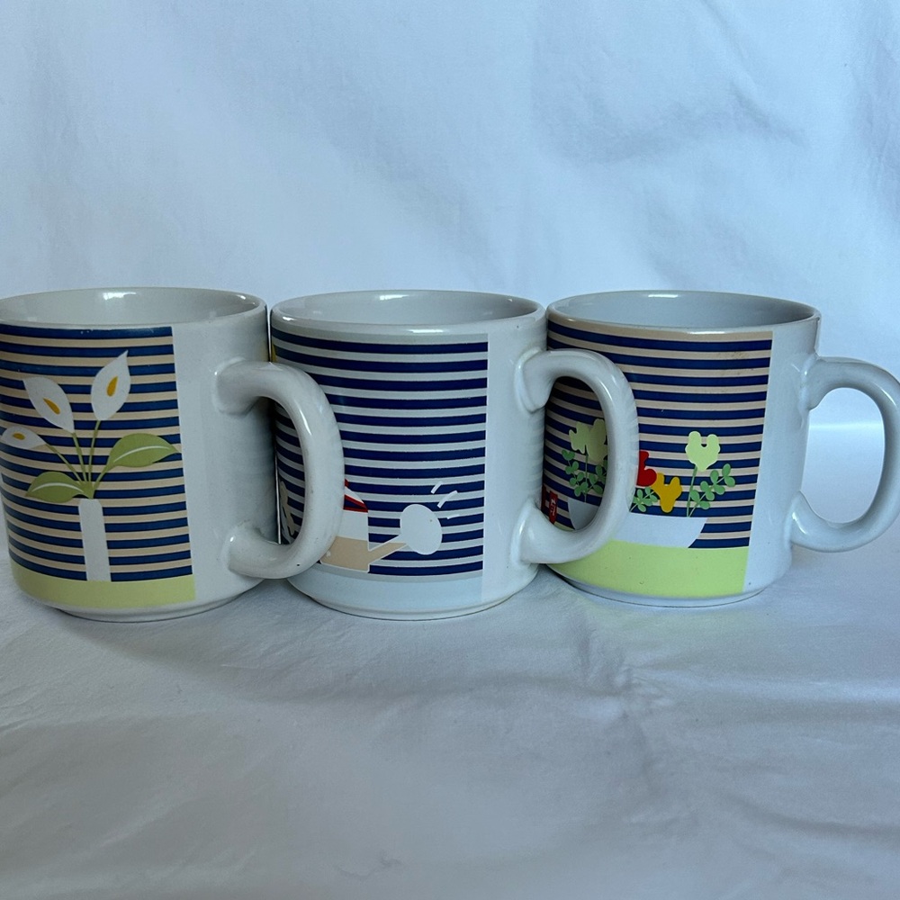 Vintage Set Of 3 Vaporwave Japanese Nature Blue White Striped Coffee Mugs